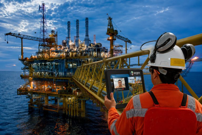 An Aegex tablet used for a video call on an offshore platform