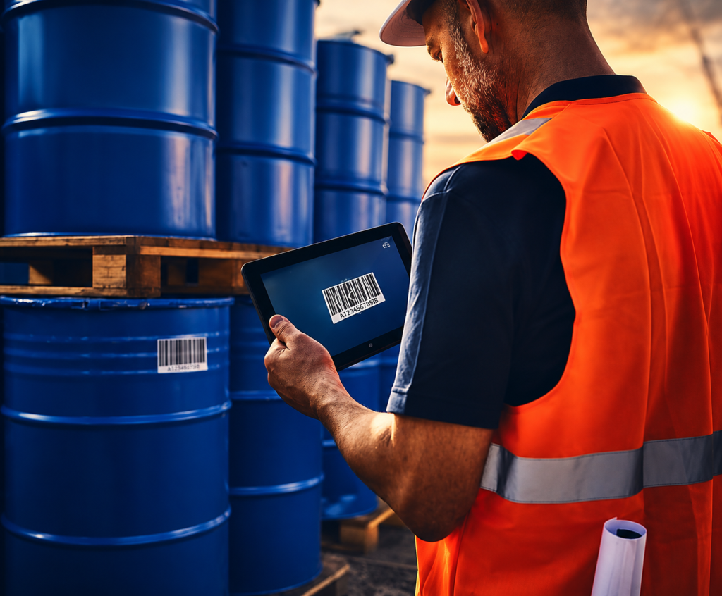 A worker scanning drum barcodes with AegexScan on an Aegex tablet