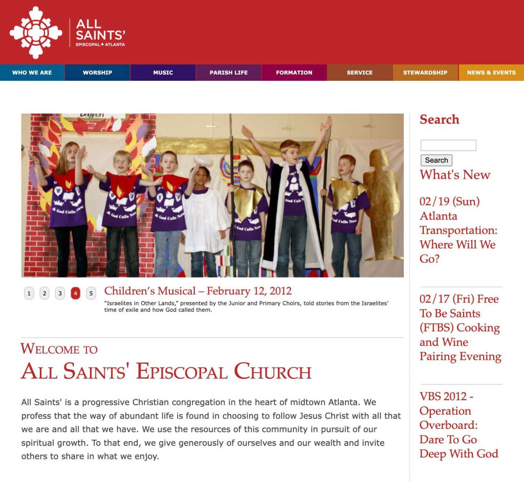 Before — the All Saints' Atlanta site on the Ecclesia CMS