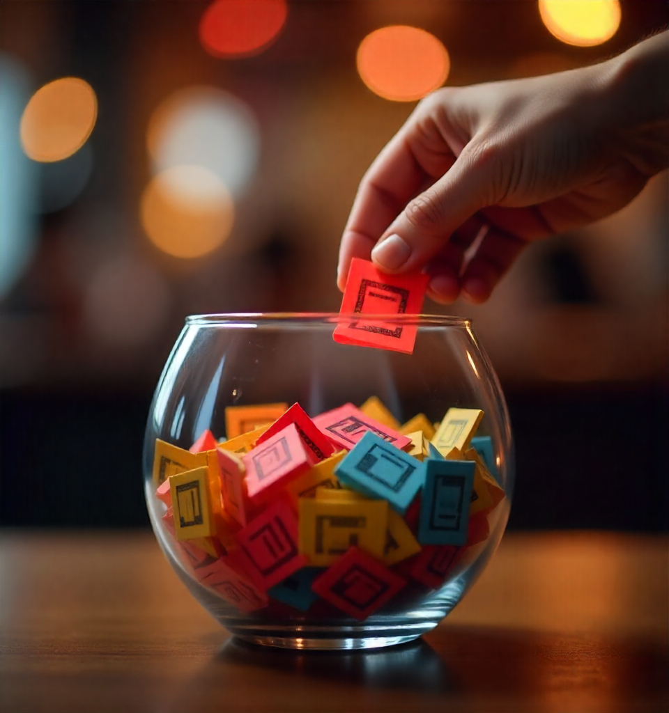 A hand drawing a paper raffle ticket from a glass fishbowl