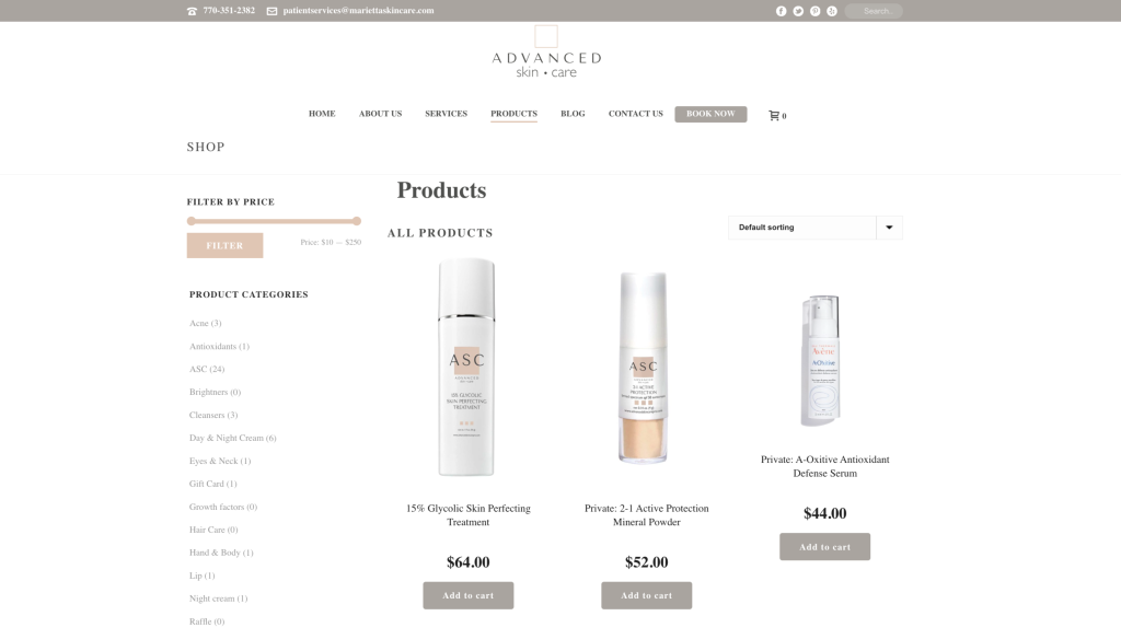 The Advanced Skin Care shop, products sold online since the rebuild