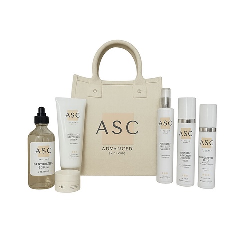 The ASC VIP bag — serum, cleanser, moisturiser and mist in a branded tote
