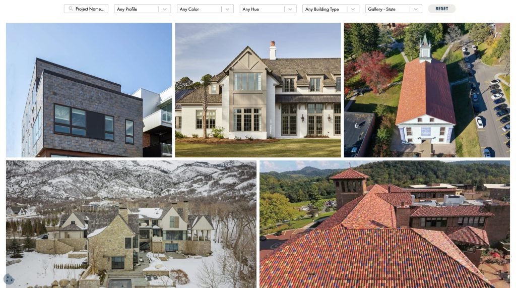 The Ludowici project gallery with profile, colour, hue, building-type and state filters