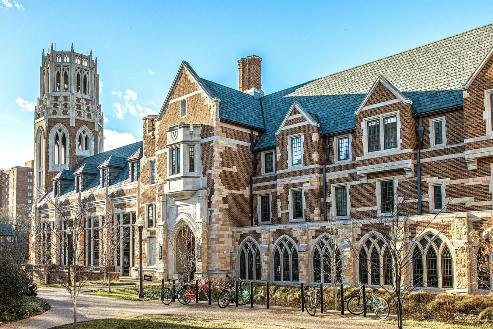 Ludowici clay tile roof on a collegiate Gothic building, daylight