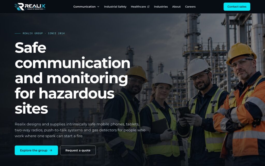realix.in today: a dark home page with the headline Safe communication and monitoring for hazardous sites, a Contact sales button, and navigation for Communication, Industrial Safety, Healthcare, Industries, About and Careers