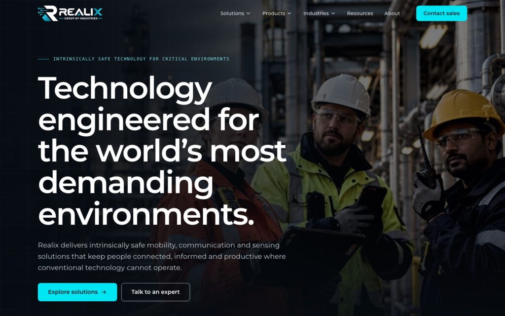 realix.co.uk today: a dark home page with the headline Technology engineered for the world’s most demanding environments and a Contact sales button