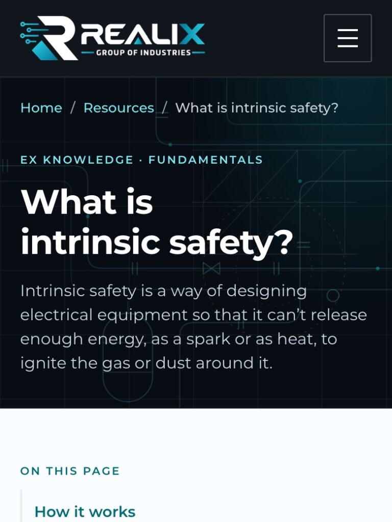 The What is intrinsic safety guide on realix.co.uk, shown on a phone