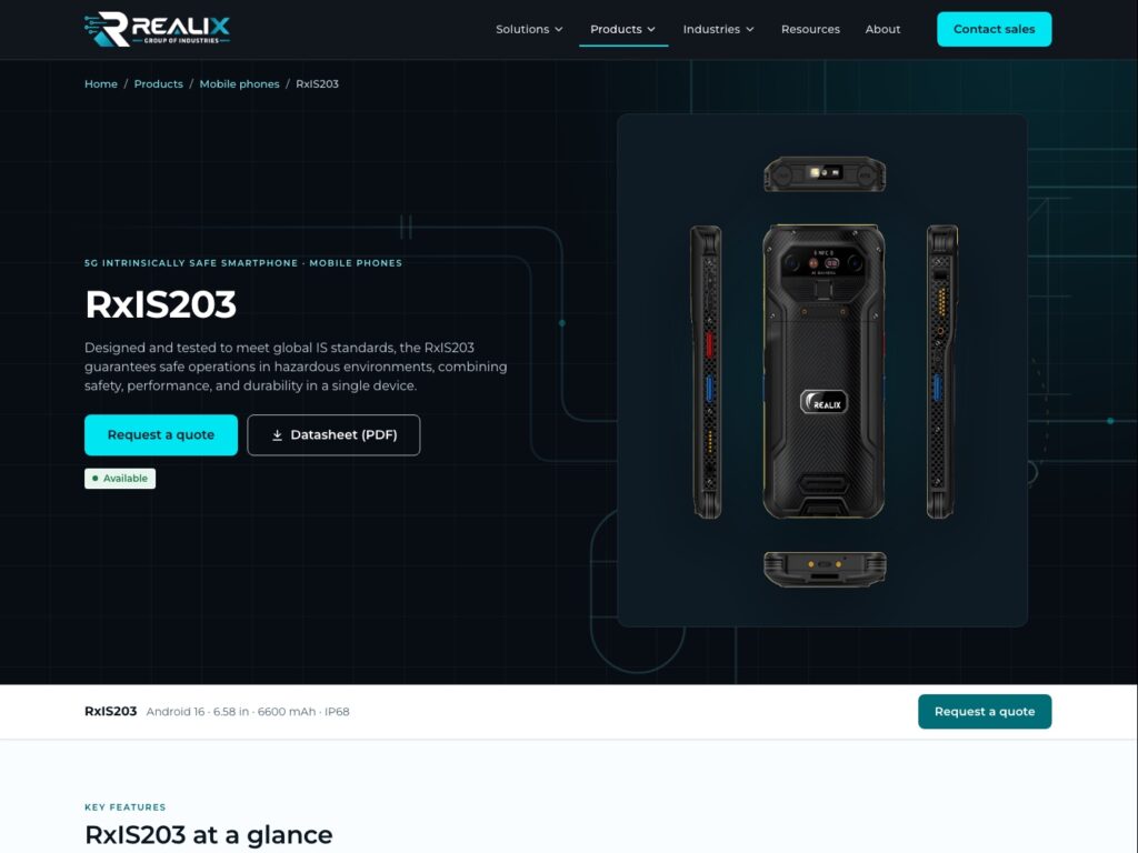 The RxIS203 product page on realix.co.uk: product views, a Request a quote button and a Datasheet PDF button